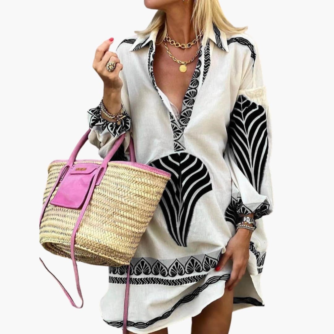 Women's Mini Dress with V-Neck and Printed Surface