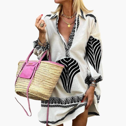 Women's Mini Dress with V-Neck and Printed Surface
