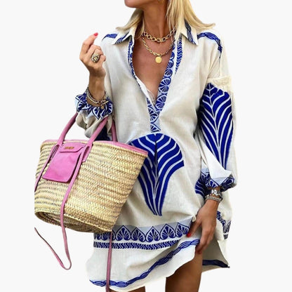 Women's Mini Dress with V-Neck and Printed Surface