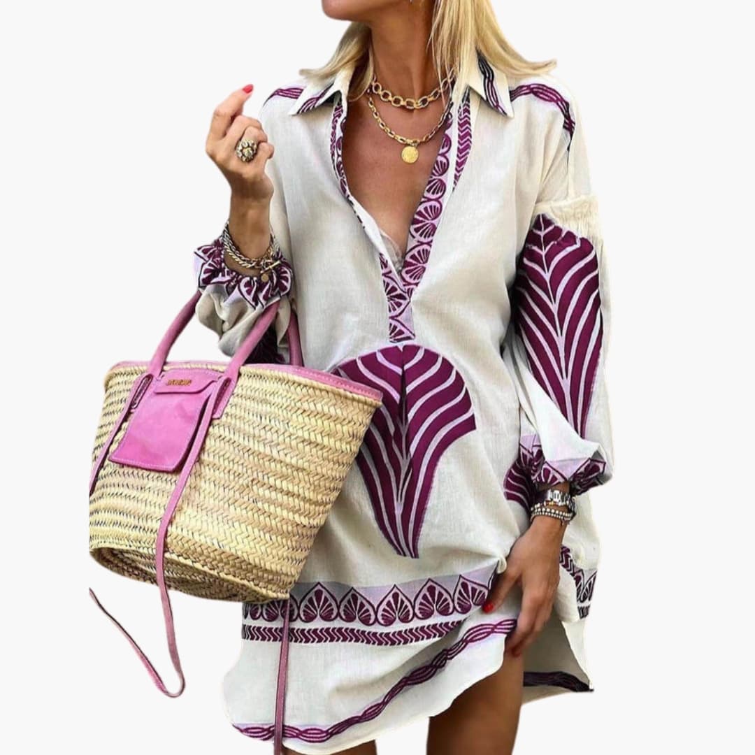 Women's Mini Dress with V-Neck and Printed Surface