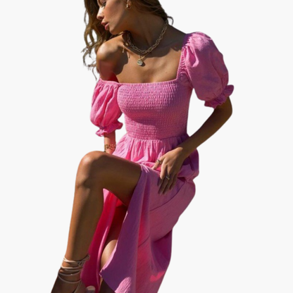 Women’s Off Shoulder Dress with Smocked Bodice and Puff Sleeves