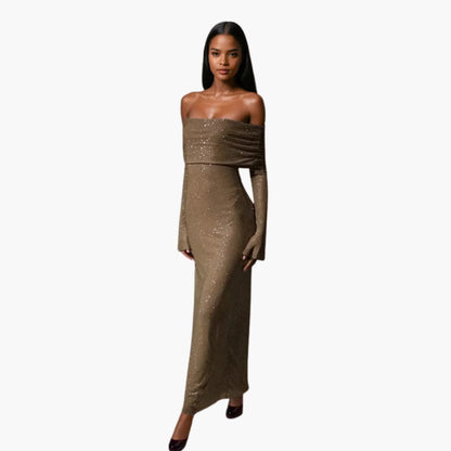 Women’s Off Shoulder Glitter Maxi Dress with High Waist Seam and Straight Hem