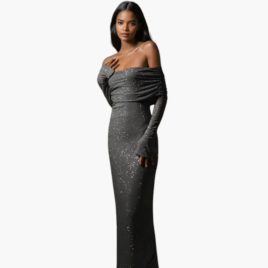 Women’s Off Shoulder Glitter Maxi Dress with High Waist Seam and Straight Hem