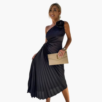 Women’s One-Shoulder Midi Dress with 3D Floral Appliqués and Sleeveless Design