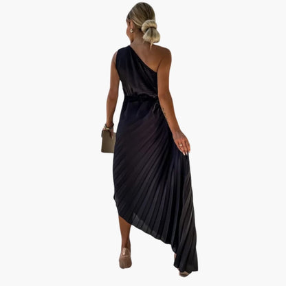 Women’s One-Shoulder Midi Dress with 3D Floral Appliqués and Sleeveless Design