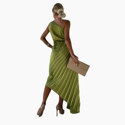 Women’s One-Shoulder Midi Dress with 3D Floral Appliqués and Sleeveless Design