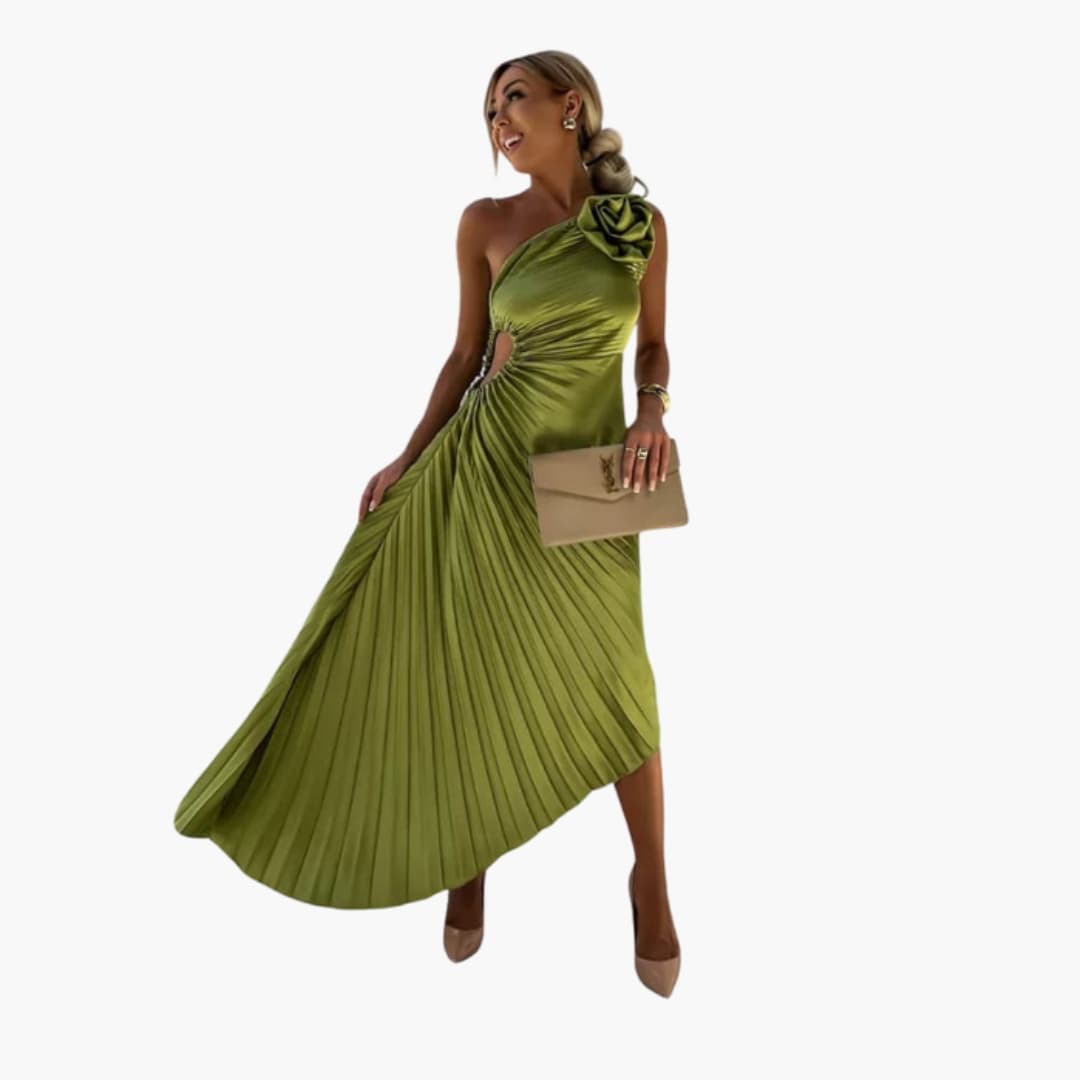 Women’s One-Shoulder Midi Dress with 3D Floral Appliqués and Sleeveless Design