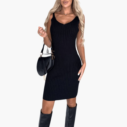 Women’s Ribbed Knit Dress with Long Sleeves and Round Neck