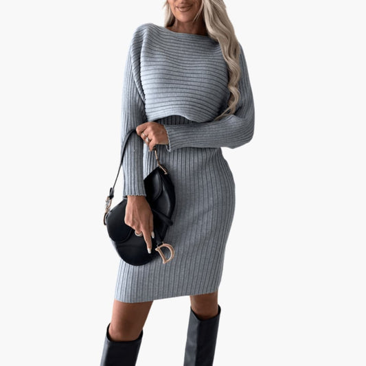Women’s Ribbed Knit Dress with Long Sleeves and Round Neck