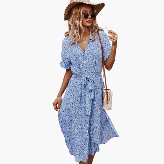 Women’s Short Sleeve Blouse Midi Dress with Defined Waist and Flowing Skirt