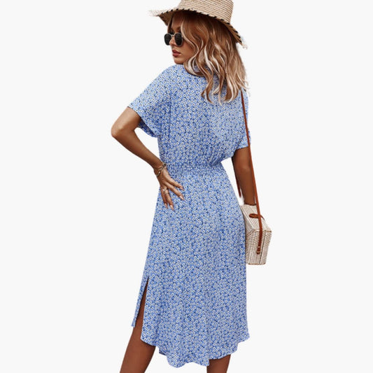 Women’s Short Sleeve Blouse Midi Dress with Defined Waist and Flowing Skirt
