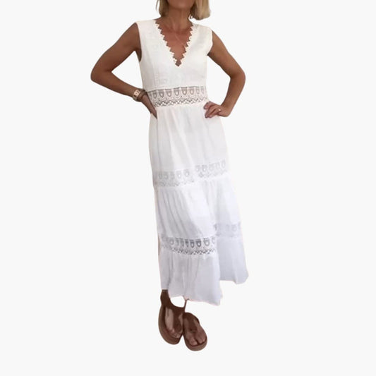 Women’s Sleeveless Lace Maxi Dress with V-Back and Tiered Ankle-Length Skirt