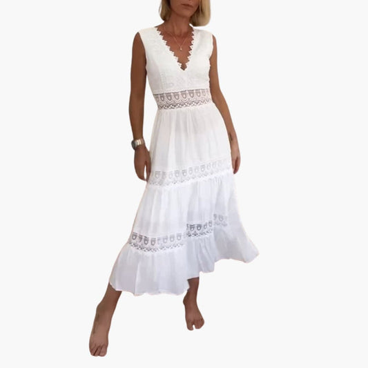 Women’s Sleeveless Lace Maxi Dress with V-Back and Tiered Ankle-Length Skirt