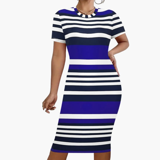 Women’s Striped Dress with Round Neck and Short Sleeves