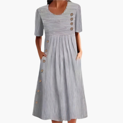 Women’s Striped Midi Dress Button Front 3/4 Sleeve Everyday Dress