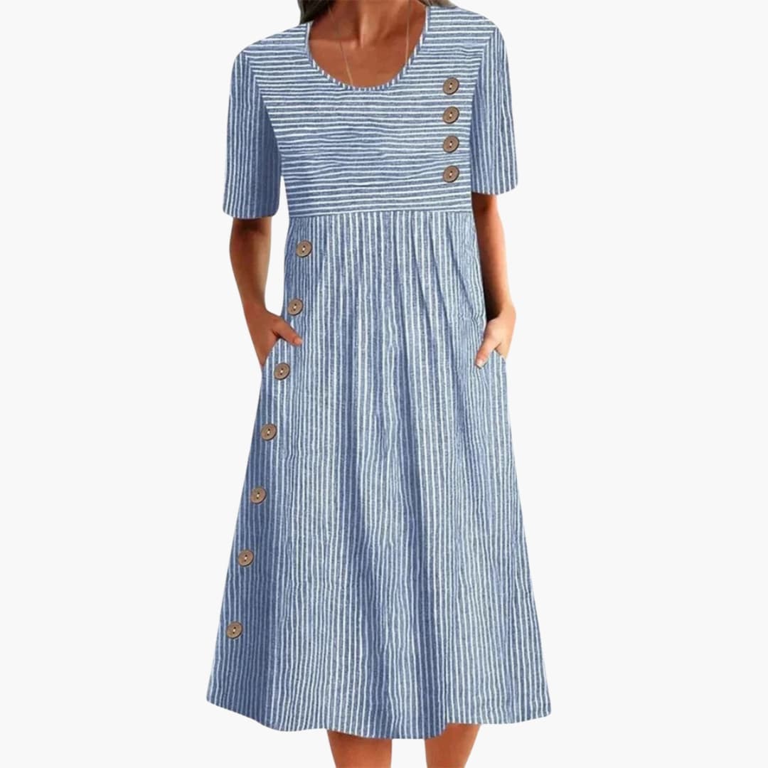 Women’s Striped Midi Dress Button Front 3/4 Sleeve Everyday Dress