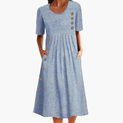 Women’s Striped Midi Dress Button Front 3/4 Sleeve Everyday Dress