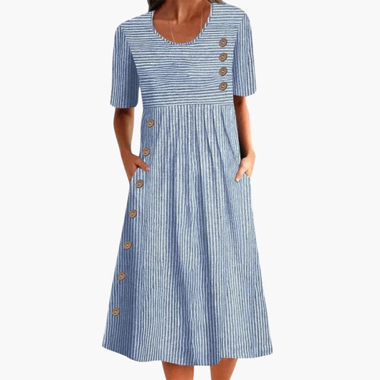 Women’s Striped Midi Dress Button Front 3/4 Sleeve Everyday Dress