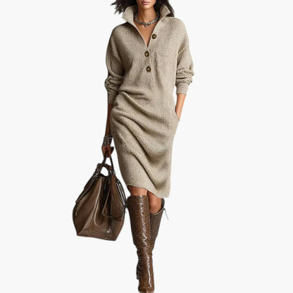 Women's Sweater Dress with Ribbed Knit and Button Neckline