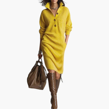 Women's Sweater Dress with Ribbed Knit and Button Neckline