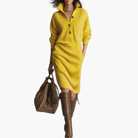 Women's Sweater Dress with Ribbed Knit and Button Neckline
