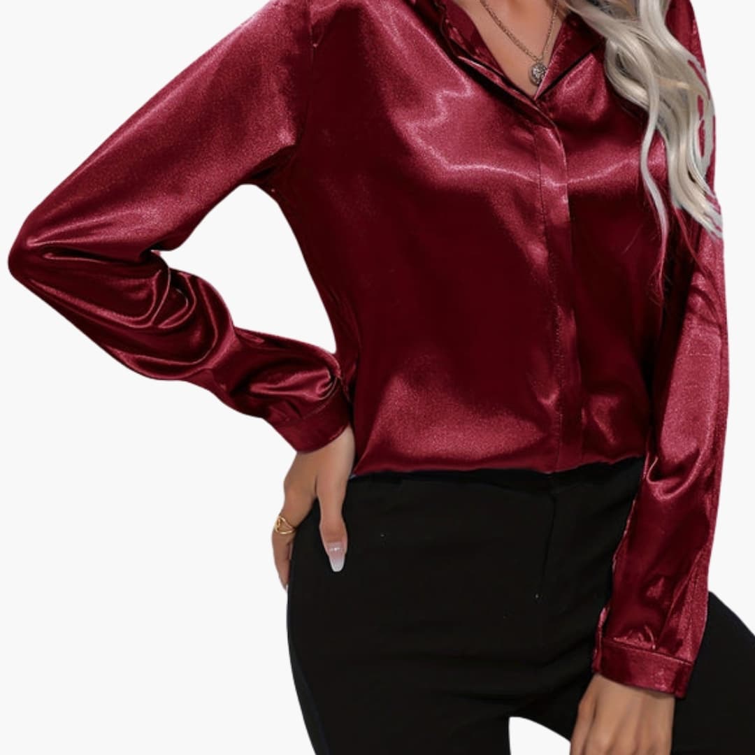 Women’s V-Neck Satin-Style Blouse Long Sleeve Woven Dressy Top