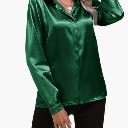 Women’s V-Neck Satin-Style Blouse Long Sleeve Woven Dressy Top