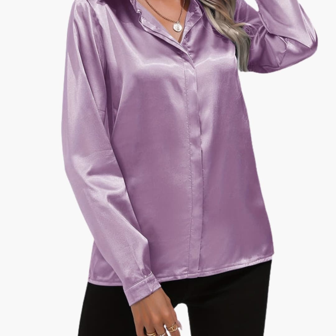 Women’s V-Neck Satin-Style Blouse Long Sleeve Woven Dressy Top