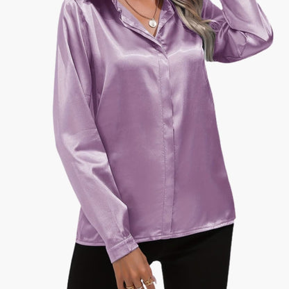 Women’s V-Neck Satin-Style Blouse Long Sleeve Woven Dressy Top