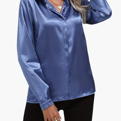 Women’s V-Neck Satin-Style Blouse Long Sleeve Woven Dressy Top
