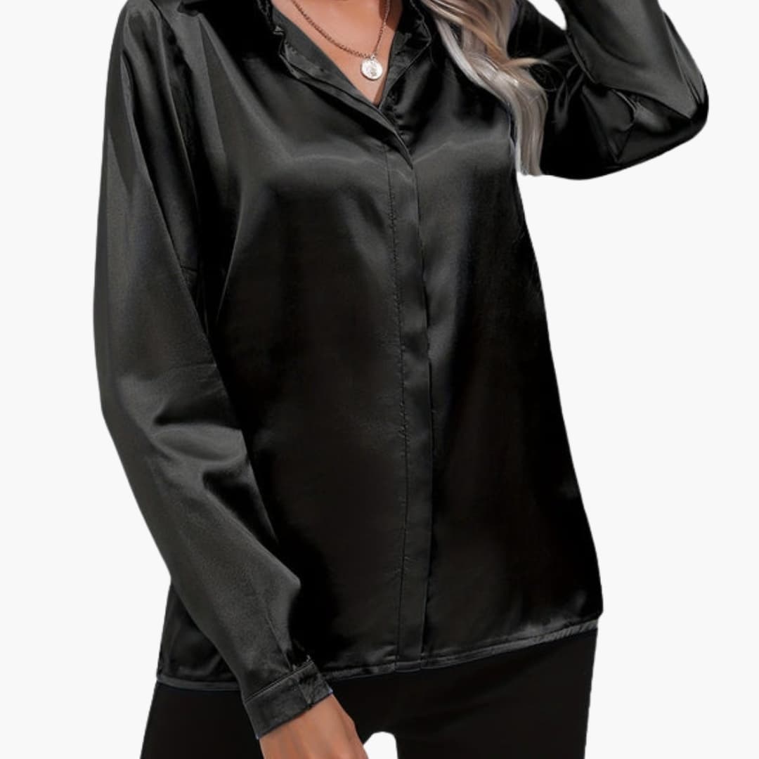 Women’s V-Neck Satin-Style Blouse Long Sleeve Woven Dressy Top