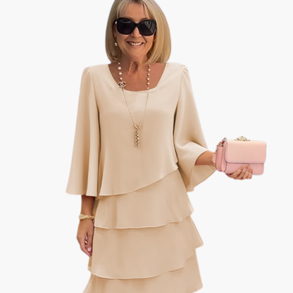 Women’s Layered Dress with Round Neckline and Long Sleeves