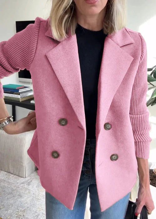 Women's Plus Size Blazer Double Breasted Ribbed Sleeves Pink