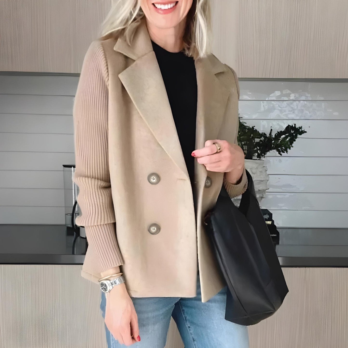 Women's Plus Size Blazer Double Breasted Ribbed Sleeves Pink