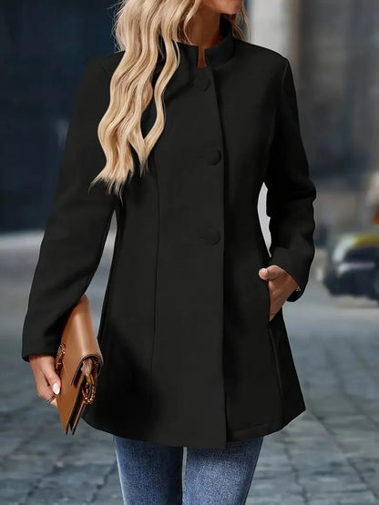 Women's Wool Blend Coat Mid Length Stand Collar Button Front